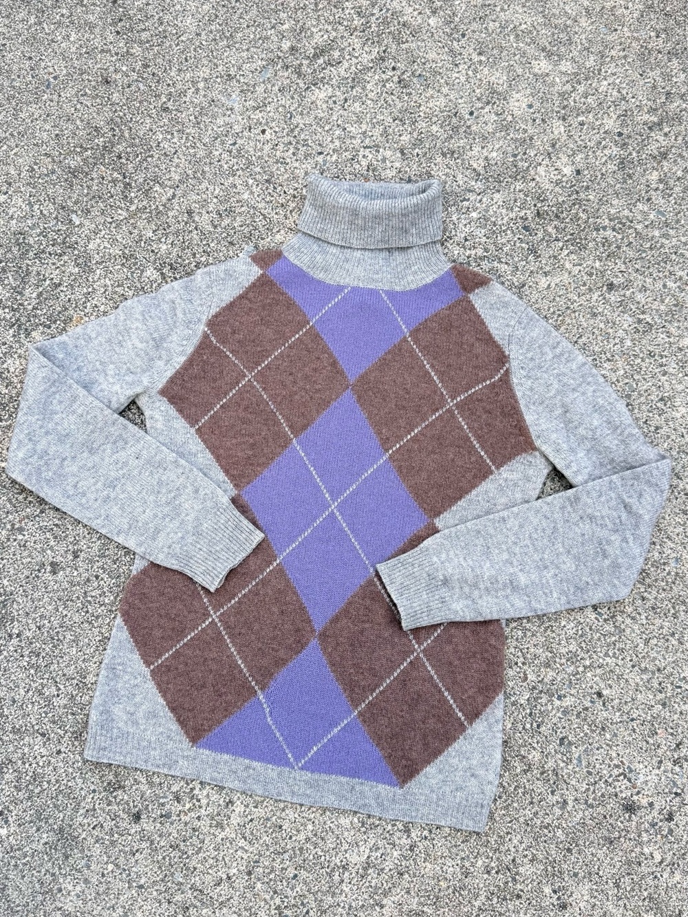Grace Argyle Turtleneck Sweater in Gray, Purple, and Brown Academia Style